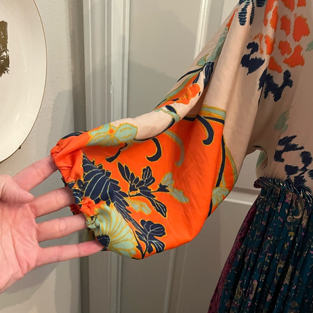 Free People Multi Pattern Maxi Tie Back Dress | Blue, Purple, Orange | Medium - Picture 5 of 12